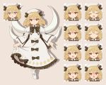  1girl 4rion absurdres blonde_hair blush bow dress drill_hair expressions fairy fairy_wings glasses hat highres holding holding_clothes holding_dress long_sleeves luna_child moon_phases red_eyes ribbon short_hair smile touhou wings 