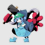  1girl asameshi backpack bag blue_dress blue_eyes blue_footwear blue_hair boots cattail dress flat_cap front_ponytail full_body green_bag green_hat hair_bobbles hair_ornament hammer hat holding kappa kawashiro_nitori key mechanical_arms open_mouth plant rubber_boots solo tokin_hat touhou two_side_up wrench 