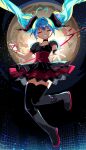 1/6_-out_of_the_gravity-_(vocaloid) 1girl :d absurdres ahoge black_bow black_shirt black_skirt black_thighhighs blue_hair boots bow closed_eyes collarbone corset dot_nose facing_viewer floating floating_hair foot_up full_body full_moon grin hair_bow halter_shirt halterneck hatsune_miku heart heart_ahoge highres kasaki_sakura knees_together_feet_apart layered_skirt miniskirt moon nail_polish night open_hand open_mouth outdoors outstretched_arm pleated_skirt puffy_short_sleeves puffy_sleeves reaching reaching_towards_viewer red_corset red_nails red_skirt shirt short_sleeves skirt smile solo star_(sky) teeth thigh-highs thighhighs_under_boots twintails vocaloid zettai_ryouiki