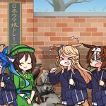  &gt;_&lt; 4girls animal_ears arm_up bird blue_eyes blue_hair blue_jacket blue_sky branch breasts brick brick_wall brown_hair buttons cat clenched_hand closed_eyes collared_shirt commentary_request double-breasted eagle el_condor_pasa_(umamusume) goat grass_wonder_(umamusume) green_hat green_jacket green_skirt grey_shirt hair_between_eyes hair_ornament hair_up half-sleeves hamu_koutarou hat hayakawa_tazuna headband highres horse_girl jacket light_brown_hair long_hair long_sleeves multicolored_hair multiple_girls necktie open_mouth pleated_skirt raccoon shirt short_hair shoulder_strap skirt sky smile standing sweatdrop town_musicians_of_bremen tracen_academy translation_request tree twin_turbo_(umamusume) twintails umamusume watch watch yellow_necktie 