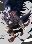  bandana bandana_around_arm beelzebumon beelzebumon_blast_mode black_feathers black_jacket black_pants black_wings blonde_hair colored_skin cropped_jacket demon digimon eye_mask feathered_wings feathers glint grey_background grey_skin gun hand_on_own_face highres holding holding_gun holding_weapon jacket knee_pads kou_(xcws3487) negative open_clothes open_jacket pants red_bandana short_hair smirk spiky_hair tail teeth third_eye twitter_username violet_eyes weapon wings 