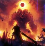  1boy berserk blurry blurry_foreground cape clouds demon dragonslayer_(sword) eclipse english_commentary falling_leaves fang from_behind greatsword guts_(berserk) highres horns huge_weapon kalmahul leaf maple_leaf monster open_mouth outdoors prosthesis prosthetic_arm red_eyes sky solar_eclipse standing sword tree weapon zodd_(berserk) 