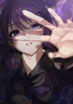  1girl absurdres asahina_mafuyu black_sailor_collar black_shirt blurry blurry_foreground cute_mdr depth_of_field from_above hand_up highres long_sleeves looking_at_viewer neckerchief parted_lips project_sekai purple_hair purple_neckerchief reaching reaching_towards_viewer sailor_collar school_uniform serafuku shirt solo teeth upper_body violet_eyes 
