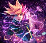  2boys absurdres ai_(yu-gi-oh!) ayakari399 black_bodysuit blonde_hair bodysuit brown_hair card commentary duel_disk glowing green_bodysuit green_eyes highres holding holding_card looking_at_viewer male_focus medium_hair multicolored_hair multiple_boys neon_trim open_mouth pink_hair playmaker_(yu-gi-oh!) spiky_hair teeth tongue trading_card upper_body yu-gi-oh! yu-gi-oh!_vrains 