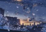  building cherry_blossoms city cityscape clouds cloudy_sky cola_(gotouryouta) falling_petals fantasy ice ice_cube morning no_humans original outdoors petals power_lines scenery sky skyline utility_pole water water_drop 