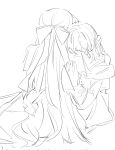  2girls anisphia_wynn_palettia corrupted_twitter_file euphyllia_magenta greyscale hair_ribbon hand_on_another&#039;s_back hand_on_another&#039;s_head highres hug kaeshi_(yuukaeshi) long_hair medium_hair monochrome multiple_girls ribbon sitting tensei_oujo_to_tensai_reijou_no_mahou_kakumei 