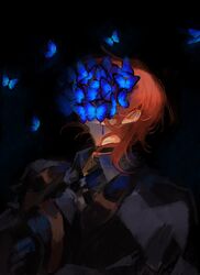  1boy absurdres black_background black_choker black_gloves black_jacket blue_butterfly brown_vest bug bungou_stray_dogs butterfly butterfly_on_face choker collared_shirt covered_face cross_tie fedora gloves grey_shirt hat highres holding holding_clothes holding_hat jacket long_sleeves looking_up male_focus medium_hair nakahara_chuuya noroinoenojin orange_hair shirt simple_background solo vest 