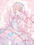  1girl arms_up blue_dress blue_flower blush brown_hair cardcaptor_sakura dress flower flower_wreath green_eyes head_wreath highres kinomoto_sakura nemophila_(flower) one_eye_closed open_mouth petals pink_flower pink_ribbon pink_rose ribbon rii2a77ru rose short_hair smile solo 