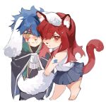  1boy 1girl animal_ears arm_tattoo barefoot black_cloak blue_hair blue_skirt brown_eyes cat_ears cat_girl cat_tail chibi chibi_only cloak dog_boy dog_ears dog_tail erza_scarlet facial_tattoo fairy_tail floppy_ears full_body grabbing_another&#039;s_tail highres jellal_fernandes jyukawa looking_at_viewer pleated_skirt red_eyes red_tail redhead shirt simple_background skirt sleeveless sleeveless_shirt standing tail tattoo white_background white_shirt white_tail 