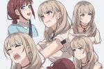  2girls absurdres blue_eyes blue_shirt blush brown_hair brown_shirt clenched_teeth closed_mouth commentary crying crying_with_eyes_open earclip fafayu girls_band_cry grey_background grey_eyes highres iseri_nina kawaragi_momoka light_brown_hair long_hair low_twintails multicolored_hair multiple_girls multiple_views open_mouth roots_(hair) seatbelt shirt short_hair short_sleeves short_twintails sidelocks simple_background single_off_shoulder symbol-only_commentary tears teeth twintails upper_teeth_only 