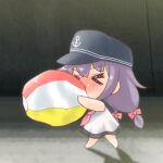  &gt;_&lt; 1girl akatsuki_(kancolle) anchor_symbol ball beachball blowing blush bow chibi closed_eyes commentary_request dress full_body gale_kawaii hair_bow hat kantai_collection low_twintails lowres peaked_cap purple_hair sailor_dress solo twintails 