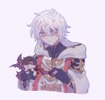  2boys ahoge bat_wings belial_(granblue_fantasy) blood blue_eyes blue_outline chibi crying crying_with_eyes_open english_commentary gloves gold_trim granblue_fantasy guro hair_between_eyes highres holding_chibi light_frown lucilius_(granblue_fantasy) male_focus messy_hair multiple_boys outline red_eyes robe scared schw3iss_b shaded_face short_hair simple_background teardrop tears turtleneck upper_body white_background white_hair white_robe wings 