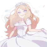  1girl :d alternate_costume bare_shoulders blonde_hair blue_eyes breasts bridal_veil clothes_lift dress dress_lift flower highres lifting_own_clothes long_hair medium_breasts no_pupils omochi_(omotimotittona3) open_mouth petals pokemon pokemon_xy serena_(pokemon) simple_background smile solo veil wedding_dress white_background white_dress white_flower 