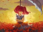  1girl closed_eyes closed_mouth clouds cowboy_shot crossed_arms field flower flower_field ge_dazuo hair_bobbles hair_ornament highres medium_hair onozuka_komachi outdoors red_flower redhead short_sleeves sky smile solo spider_lily standing touhou two_side_up wind yellow_sky 