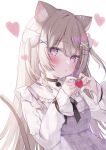  1girl :o animal_ears black_bow blush bow braid brown_hair cat_ears cat_girl cat_hair_ornament cat_tail collar collared_shirt commentary_request frilled_shirt_collar frilled_sleeves frills hair_ornament hairclip hakua_aa heart heart_hands highres indie_virtual_youtuber long_hair long_sleeves minaneko_mai nail_polish parted_lips pink_nails plaid plaid_vest purple_vest shirt simple_background single_braid solo tail two_side_up upper_body vest violet_eyes virtual_youtuber white_background white_shirt x_hair_ornament 