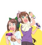  2girls 3: :d absurdres animal_ear_headphones animal_ears animal_print animification bear_print black_headphones black_skirt brown_eyes brown_hair cat_ear_headphones character_request collarbone collared_shirt controller fake_animal_ears game_controller green_eyes hayama_ikumi headphones highres holding holding_controller holding_game_controller joy-con long_hair looking_at_viewer multiple_girls nintendo_switch_pro_controller open_mouth pink_headphones pleated_skirt ponytail print_shirt puffy_short_sleeves puffy_sleeves purple_sweater_vest razer real_life sano_keiichi sanpaku shirt short_sleeves skirt smile surprised sweater_vest two-tone_background white_background white_shirt yellow_background 