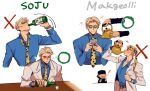  2boys alcohol belt black_hair blonde_hair blue_shirt blush brown_belt closed_eyes collarbone collared_shirt cup drunk english_commentary goggles grey_jacket grey_suit happy hat highres holding holding_cup holding_glass_bottle holding_teapot ino_takuma jacket jujutsu_kaisen long_sleeves male_focus multiple_boys nanami_kento necktie rozaroza shirt short_hair sitting smile soju standing suit teapot upper_body watch watch yellow_necktie 