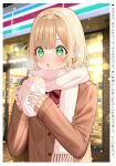  1girl baozi blonde_hair blurry blurry_background blush bow bowtie brown_cardigan cardigan comiket_103 convenience_store food green_eyes highres holding holding_food mizukoshi_(marumi) original red_bow red_bowtie scarf shop short_hair sleeves_past_wrists solo sweater translation_request upper_body white_scarf yellow_sweater 