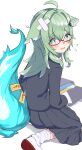 1girl absurdres ahoge animal_ears bandage_on_hair bandaid bandaid_on_leg bespectacled blush fallen_down flying_sweatdrops fox_ears fox_tail from_behind glasses green_eyes green_hair grey_jacket grey_skirt hair_between_eyes hand_on_own_ass highres honkai:_star_rail honkai_(series) huohuo_(honkai:_star_rail) jacket long_hair long_skirt looking_at_viewer looking_back messy_hair nemu7777 open_mouth paw-shaped_pupils pleated_skirt school_uniform skirt socks sweatdrop symbol-shaped_pupils tail tail_(honkai:_star_rail) uniform white_socks yin_yang_hair_ornament