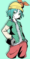  1girl absurdres akableak alternate_costume aqua_background aqua_hair bright_pupils closed_mouth colored_skin commentary cropped_legs drop_shadow english_commentary expressionless googly_eyes green_eyes green_jacket grey_shirt hair_between_eyes halftone_texture hand_on_own_hip hat highres hikimayu jacket knit_hat letterman_jacket looking_at_viewer monogatari_(series) multiple_hats nademonogatari official_alternate_hair_length official_alternate_hairstyle ononoki_yotsugi open_clothes open_jacket orange_hat pants pointy_ears red_pants ribbed_hat shirt short_eyebrows short_hair solo t-shirt thick_eyebrows wavy_hair white_jacket white_pupils white_skin yellow_hat 