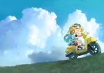  1girl :d ^_^ bike_shorts black_footwear black_shorts blonde_hair blue_sky closed_eyes clouds colored_tongue day driving fang goggles goggles_on_head grass inkling inkling_girl inkling_player_character jellyfish_(splatoon) koike3582 motor_vehicle on_scooter open_mouth outdoors pointy_ears scooter shirt shoes short_hair shorts sky smile splatoon_(series) t-shirt tentacle_hair two-tone_footwear white_footwear white_shirt yellow_tongue 