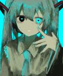  000o0o0000 1girl absurdres black_eyes blue_background blue_eyes blue_hair collared_shirt hatsune_miku heart heart-shaped_pupils highres long_hair long_sleeves nail_polish necktie shirt smile solo sweat symbol-shaped_pupils upper_body vocaloid 