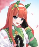  1girl :d absurdres animal_ears black_gloves blunt_bangs blush capelet cherry_blossoms commentary_request ear_covers gloves green_capelet green_eyes hairband hand_on_own_face highres horse_ears horse_girl light_blush long_hair lower_teeth_only miyano_(user_nhea8337) open_mouth orange_hair silence_suzuka_(umamusume) smile solo teeth tongue umamusume 