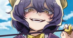  1girl blue_sky clouds cross cross-shaped_pupils cross_facial_mark day derivative_work facial_mark fangs g_(wkdgpal9075) highres hiiragi_utena holding holding_riding_crop horns looking_at_viewer magia_baiser mahou_shoujo_ni_akogarete open_mouth outdoors purple_hair riding_crop screenshot_redraw sky solo symbol-shaped_pupils teeth yellow_eyes yellow_horns 