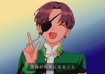  1990s_(style) 1boy chinese_clothes closed_eyes earrings eyepatch hayato_suou highres jewelry kosame31 open_mouth redhead retro_artstyle school_uniform short_hair smile solo upper_body wind_breaker_(nii_satoru) 