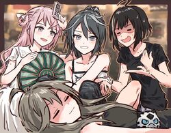  4girls :3 :d a_bad_cynic_doggo afterimage ahoge azai_eimi bessyo_bell black_dress black_hair black_pants black_shirt blurry blurry_background border braided_hair_rings brown_border brown_hair bullfalk camisole character_charm charm_(object) closed_eyes closed_mouth collarbone crossed_bangs d4dj date-chan_(d4dj) dress fanning_self glalie grey_eyes grey_hair grin hair_between_eyes lying medium_hair multicolored_hair multiple_girls on_back open_mouth outside_border pants pink_hair pokemon ponytail raised_eyebrow shimazu_shika shirt short_hair short_sleeves sidelocks smile strapless strapless_dress streaked_hair sweat t-shirt v-shaped_eyebrows white_camisole white_dress 