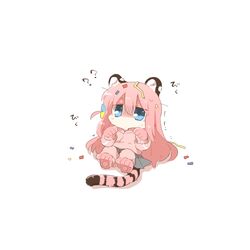  1girl animal_ear_fluff animal_ears animal_hands blue_eyes bocchi_the_rock! chibi confetti cube_hair_ornament full_body gloves gotoh_hitori grey_skirt hair_between_eyes hair_ornament jacket kemonomimi_mode lying on_back one_side_up pants pants_under_skirt paw_gloves paw_shoes pink_footwear pink_gloves pink_hair pink_jacket pink_pants pleated_skirt rebecca_(keinelove) shadow simple_background skirt solo streamers striped_tail sweat tail track_jacket track_pants track_suit turn_pale white_background 