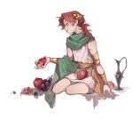  1boy 1girl alternate_costume ancient_greek_clothes androgynous arm_at_side armlet bangle bare_legs bracelet cape curtained_hair da_li_si_rizhi doupu41 facing_to_the_side food freckles fruit gold_armlet grapes greco-roman_clothes green_scarf hand_up highres holding holding_food holding_fruit jewelry laurel_crown light_blush light_smile looking_down male_focus medium_hair nose parted_bangs parted_lips pomeg_berry pomegranate sash scarf short_ponytail simple_background sitting sleeveless solo thigh-highs three_quarter_view vase waist_cape white_background white_thighhighs yellow_cape yellow_sash yokozuwari zhihua_yi 