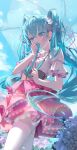  1girl absurdres blue_eyes blue_hair blue_sky blush bow clouds cloudy_sky covered_mouth crossed_bangs day dress ear_blush flower flower_hairtie frills grabbing_own_hair hair_between_eyes hair_flower hair_ornament hair_ribbon hatsune_miku highres holding holding_umbrella hya_ro hydrangea jewelry lace_trim layered_dress light_rays looking_down melt_(vocaloid) necklace outdoors pink_bow pink_dress pink_ribbon puffy_sleeves ribbon see-through short_sleeves sidelocks single_hair_intake sky solo thigh-highs twintails umbrella vocaloid water_drop white_flower white_thighhighs white_umbrella 