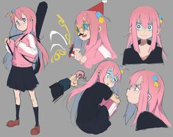  1girl 1other :| bags_under_eyes black_skirt blue_eyes bocchi_the_rock! bright_pupils closed_mouth confetti cube_hair_ornament disembodied_hand eccomicco fake_facial_hair fake_mustache from_behind gloom_(expression) gotoh_hitori grey_background guitar_case hair_between_eyes hair_ornament hat highres holding_strap instrument_case jacket knees_to_chest knees_up looking_at_viewer multiple_views one_side_up pants pants_under_skirt party_hat party_popper pink_hair pink_jacket pink_pants pink_track_suit profile shrimp side_ahoge sitting sketch skirt star-shaped_eyewear star_(symbol) sweatdrop white_pupils 