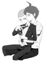  2boys ahoge blush casssstle12 collared_shirt danganronpa_(series) danganronpa_2:_goodbye_despair flying_sweatdrops from_side greyscale highres hinata_hajime hug hug_from_behind jacket jewelry kuzuryu_fuyuhiko male_focus monochrome multiple_boys necktie on_lap pants profile ring shirt short_sleeves sitting spiky_hair striped_clothes striped_jacket striped_pants teeth 