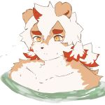  1boy absurdres arknights ashira_negi colored_tips english_commentary furry furry_male highres horns hung_(arknights) komainu_boy komainu_ears looking_at_viewer male_focus multicolored_hair onsen orange_eyes single_horn sweat upper_body water white_background 