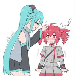  ! 2girls ahoge aqua_hair aqua_necktie aqua_trim artist_name black_skirt black_sleeves blush bow buttons closed_eyes closed_mouth collared_shirt commentary_request detached_sleeves double-breasted drill_hair facing_another grey_jacket grey_shirt grey_skirt hair_bow hair_ornament happy hatsune_miku headpat height_difference jacket kasane_teto kasane_teto_(sv) leaning_forward long_hair long_sleeves looking_at_viewer meme multiple_girls necktie nejikyuu open_mouth pleated_skirt profile red_eyes red_trim redhead shirt shoulder_boards simple_background skirt sleeveless sleeveless_shirt smile surprised synthesizer_v tall_miku_short_teto_(meme) twin_drills twintails twitter_username uniform utau vocaloid white_background white_bow 