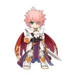  1boy armor armored_boots black_gloves blue_eyes boots breastplate cape chibi clenched_hand closed_mouth cross dragon_knight_(ragnarok_online) eyes_visible_through_hair full_body gauntlets gloves hair_between_eyes holding holding_sword holding_weapon leg_armor long_bangs looking_at_viewer male_focus official_art pauldrons pink_hair purple_tabard ragnarok_online red_cape short_hair shoulder_armor simple_background smile solo standing sword tabard tachi-e transparent_background weapon yuichirou 