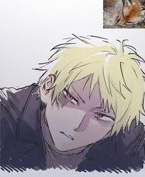  1boy atou_haruki black_jacket blonde_hair brown_shirt commentary_request gigantea_pp gloom_(expression) highres jacket korean_commentary male_focus open_clothes open_jacket red_eyes reference_inset saibou_shinkyoku shirt short_hair simple_background solo white_background 