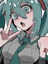  1girl aqua_eyes aqua_hair aqua_necktie arm_at_side arm_tattoo bare_shoulders blush breasts collared_shirt commentary fingernails frilled_shirt frilled_shirt_collar frills grey_shirt ha_(user_efmy3542) hair_between_eyes hair_ornament hand_up hatsune_miku head_tilt highres long_hair necktie number_tattoo open_mouth shirt simple_background sleeveless sleeveless_shirt solo tattoo tongue twintails upper_body v v-shaped_eyebrows vocaloid white_background wide-eyed 