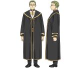  1boy black_footwear black_pants black_robe full_body glasses green_hair heiter long_sleeves male_focus official_art pants profile reference_sheet robe smile sousou_no_frieren standing transparent_background 