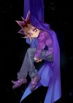  1boy absurdres black_background black_hair blonde_hair dated_commentary dyed_bangs floating from_side full_body hair_between_eyes highres hugging_own_legs less_end long_sleeves looking_at_viewer male_focus multicolored_hair muto_yugi pants purple_hair purple_shirt shirt signature solo spiky_hair violet_eyes yu-gi-oh! yu-gi-oh!_the_dark_side_of_dimensions 