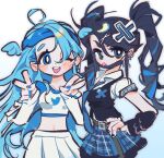  2girls :p ;d absurdres ahoge barbell_piercing belt black_hair blue_eyes blue_hair blue_hairband blue_nails blue_necktie blue_skirt blue_trim blush bright_pupils cowboy_shot crop_top detached_sleeves detached_wings dot_nose double_v ear_chain ear_piercing facing_viewer hair_between_eyes hair_ornament hair_wings hairband hand_on_own_hip hands_up happy high_ponytail highres industrial_piercing kerberos_(kerbe_) long_eyelashes long_hair long_sleeves looking_at_viewer mini_wings multicolored_hair multiple_girls nail_polish navel necktie one_eye_closed piercing plaid plaid_skirt pleated_skirt print_shirt shirt short_sleeves side-by-side simple_background sketch skirt sleeve_cuffs smile sparkle streaked_hair sweater_vest teeth three_quarter_view tongue tongue_out twintails twitter twitter-san twitter_bird twitter_logo two-tone_hair upper_teeth_only v v-shaped_eyebrows very_long_hair white_background white_shirt white_skirt wing_collar wings x_hair_ornament 
