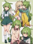  2girls alternate_hairstyle arms_around_neck black_skirt black_thighhighs blue_eyes blush border bow bowtie cardigan closed_mouth collared_shirt cone_huraku curly_hair dot_mouth frilled_skirt frilled_sleeves frills green_bow green_bowtie green_hair hair_between_eyes hair_down hand_up hug kasukabe_tsumugi kneehighs layered_shirt light_brown_hair loafers long_hair looking_at_hand looking_at_viewer low_twintails miniskirt multiple_girls neck_ribbon one_eye_closed orange_eyes parted_lips playing_with_own_hair pleated_skirt puckered_lips ribbon sailor_collar shirt shoes sitting skirt sleeve_cuffs sleeves_past_elbows sleeves_past_wrists socks suspender_skirt suspenders sweat thigh-highs twintails twitter_username two-tone_background v-shaped_eyebrows very_long_hair voicevox white_shirt white_socks yellow_cardigan zundamon 