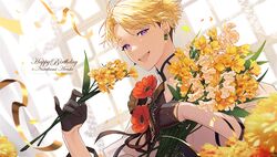  1boy :d androgynous arched_window black_gloves black_ribbon black_trim blonde_hair blurry bouquet character_name confetti dated day depth_of_field earrings ensemble_stars! flower freesia_(flower) gem gloves gold_ribbon green_gemstone half_gloves hands_up happy_birthday holding holding_bouquet holding_flower indoors jacket jewelry looking_at_viewer male_focus mandarin_collar narukami_arashi open_mouth portrait ribbon riri_(artist) short_hair side_part sideways_glance smile solo teeth three_quarter_view undercut upper_teeth_only very_short_hair violet_eyes white_jacket window yellow_flower 