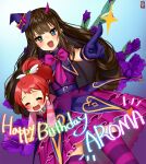  2girls :d bad_id bad_twitter_id belt blue_background blue_belt blue_eyes blue_gloves brown_hair character_name closed_eyes collared_dress demon_horns dress gambe gloves happy_birthday hat horns idol_clothes kurosu_aroma long_hair looking_at_viewer mini_hat mini_witch_hat multiple_girls open_mouth paprika_private_academy_school_uniform pointing pointing_at_viewer ponytail pretty_series pripara purple_dress redhead school_uniform shiratama_mikan smile sparkle standing witch_hat 