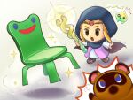  1boy 1girl animal_crossing artist_name blonde_hair blue_cloak blue_eyes blue_hood boots brown_footwear chair circlet cloak crossover dress froggy_chair highres holding holding_wand hood hooded_cloak open_mouth pink_dress princess_zelda solid_oval_eyes sparkle suruga_kanade the_legend_of_zelda the_legend_of_zelda:_echoes_of_wisdom tom_nook_(animal_crossing) tri_(zelda) wand 
