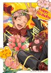  1boy absurdres animal_hands border buttons closed_mouth dated flower flower_on_head foot_out_of_frame halftone halftone_background happy_birthday highres itadori_yuuji jujutsu_kaisen jujutsu_tech_uniform leaf male_focus open_mouth orange_background pink_flower pink_hair red_footwear red_hood ru_to_bi scar scar_on_face shoes short_hair smile solo stuffed_animal stuffed_toy teeth three-finger_salute tongue tulip undercut white_border 