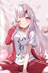  1girl absurdres ahoge blush gradient_hair grey_hair highres hololive horns jacket keesuke_(kkosyoku) long_hair looking_at_viewer multicolored_hair nakiri_ayame nakiri_ayame_(7th_costume) official_alternate_costume one_eye_closed oni open_clothes open_jacket red_eyes red_jacket red_shorts redhead rubbing_eyes shorts sidelocks skin-covered_horns solo streaked_hair track_jacket virtual_youtuber 