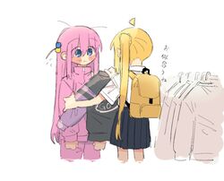  2girls ahoge backpack bag blonde_hair blue_eyes blue_skirt blush bocchi_the_rock! clothes clothes_hanger clothes_shop cube_hair_ornament d3g_takahashi dating detached_ahoge flying_sweatdrops gotoh_hitori hair_ornament holding holding_clothes holding_jacket ijichi_nijika jacket multiple_girls pants pink_hair pink_pants pink_track_suit school_uniform shirt side_ahoge skirt white_shirt yuri 